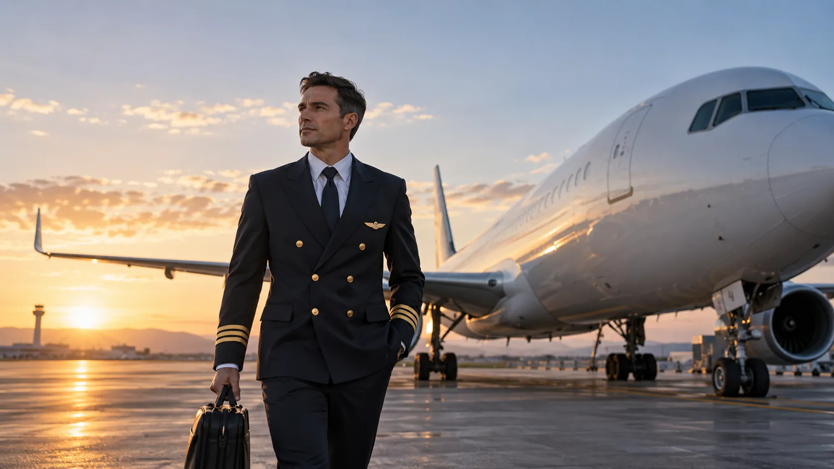 An airline captain walking away from a widebody jet at sunset