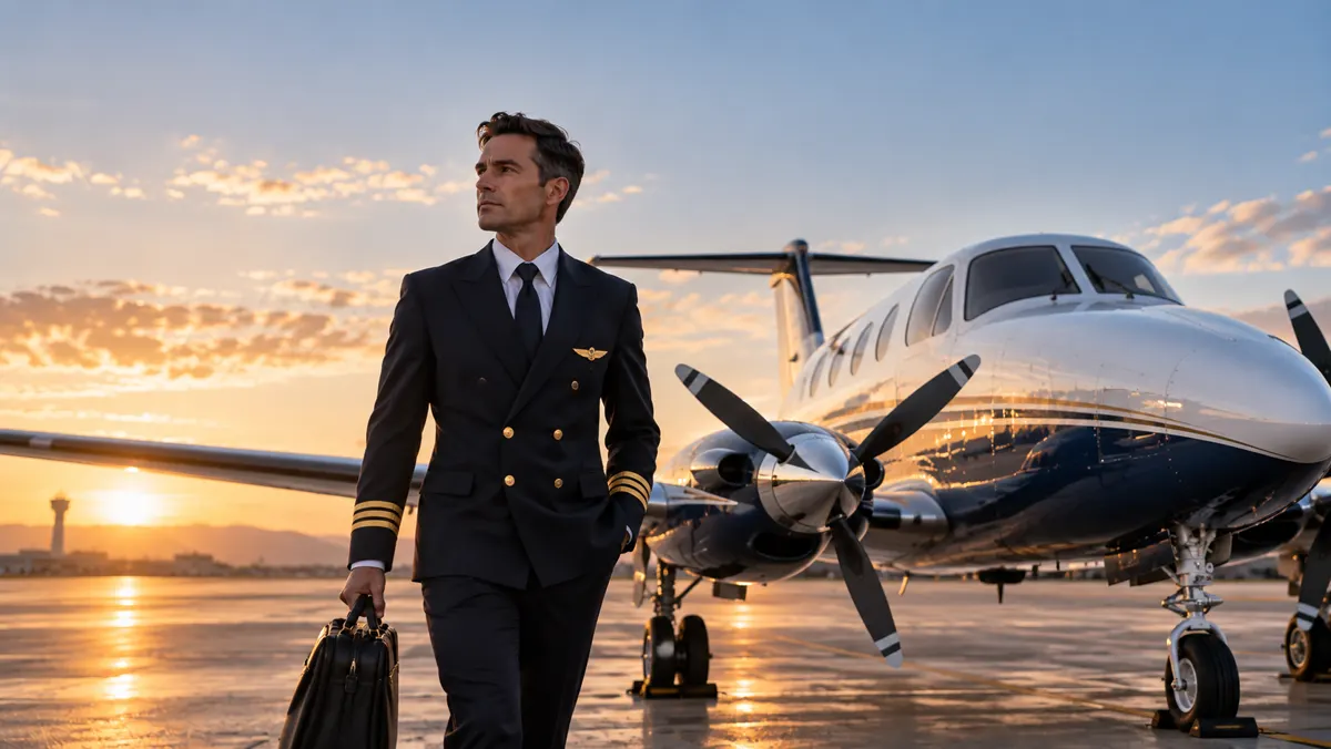 A pilot walking past a King Air turboprop on the ramp at sunset.