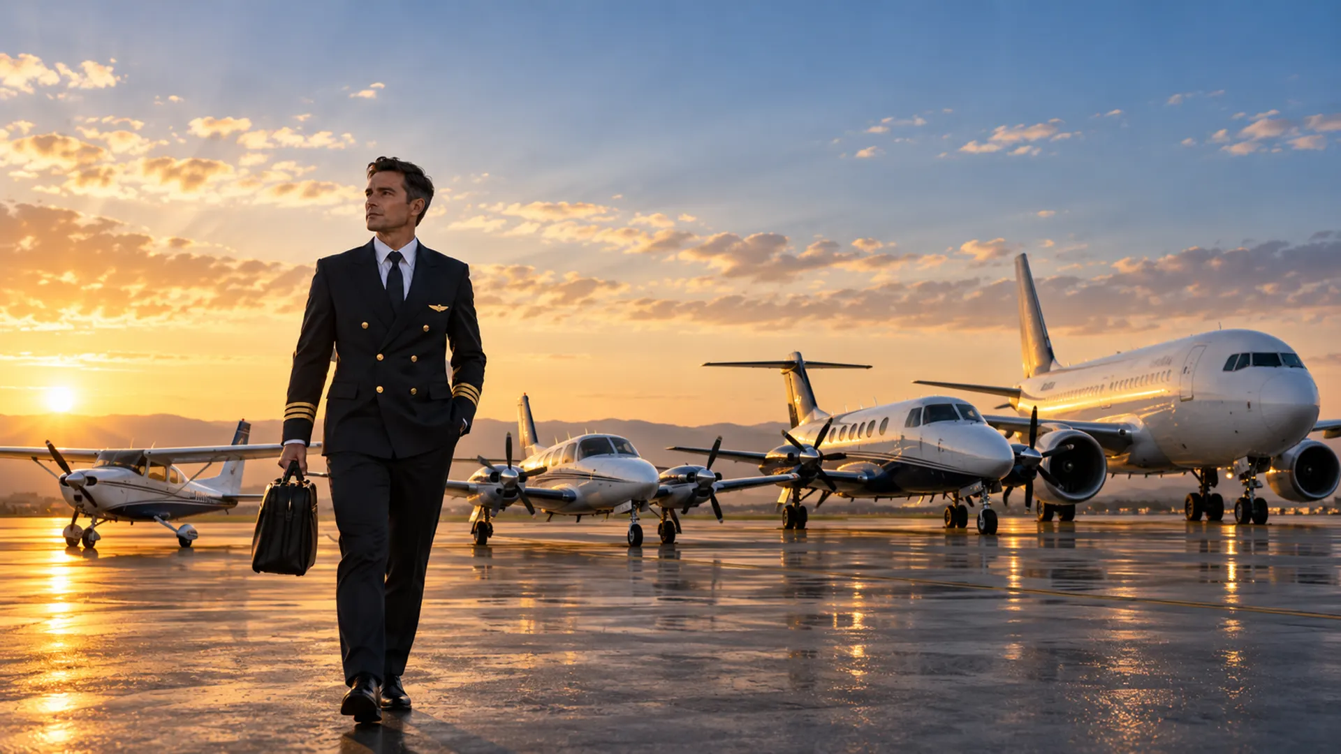 Four aircraft on a wet ramp at sunrise: a single-engine trainer, a light piston twin,
            a King Air turboprop and an airliner.